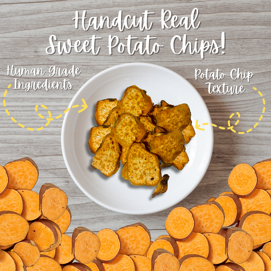 A plate of Sweet Potato Dog Treats Surrounded By Sweet Potatoes with Text Reading “Hand-cut Real Sweet Potato Chips”, “Human Grade Ingredients”, and “Potato Chip Texture”.