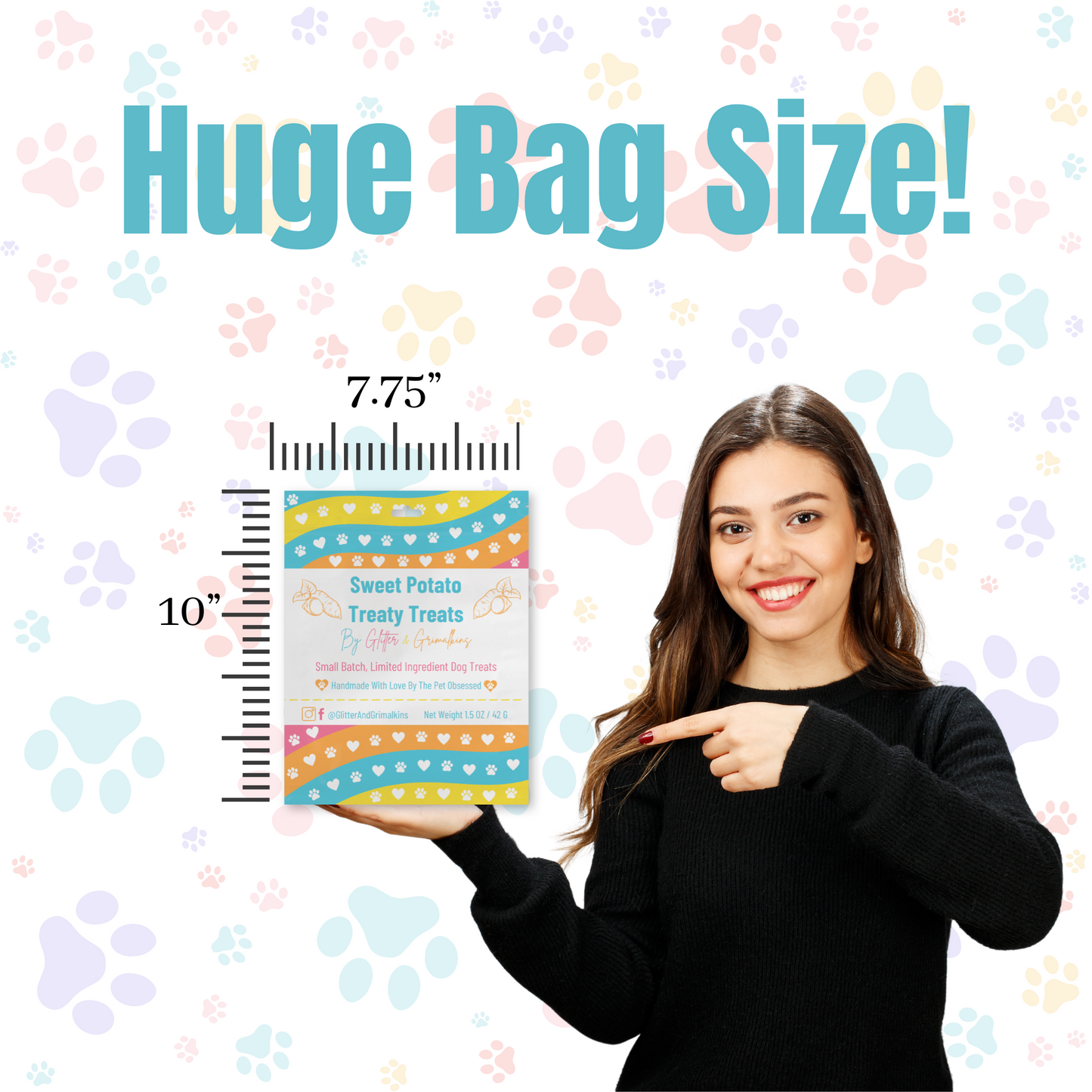 Woman holding a bag of Sweet Potato Chips Dog Treats showing the bag size of 7.75” by 10”